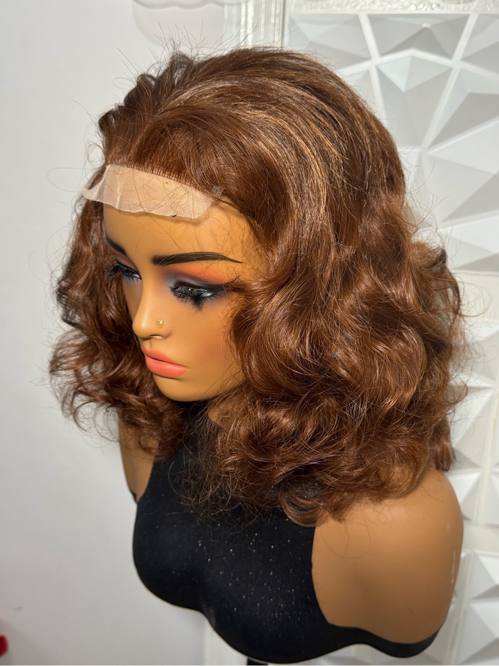 14 Inches Curly 5x5 Closure Blend Wig – Bouncy, Heat-Friendly Auburn Color 30